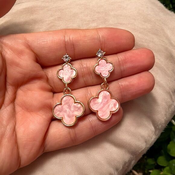 Designer Inspired Double Pink Clover Gold Tone Dangle Earrings - Picture 4 of 5
